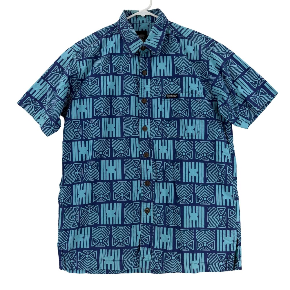 Tanoa Samoa Shirt Mens Medium Blue Geometric Hawaiian Short Sleeve Button Up
